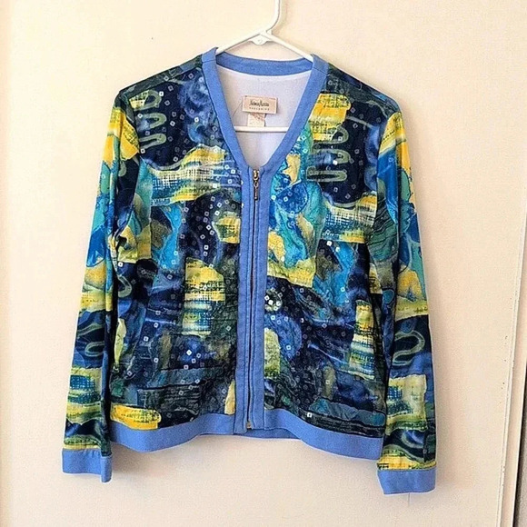 Vintage Neiman Marcus Womens Large Zip Up Sequin Jacket Blue Yellow Art Deco - Picture 1 of 8